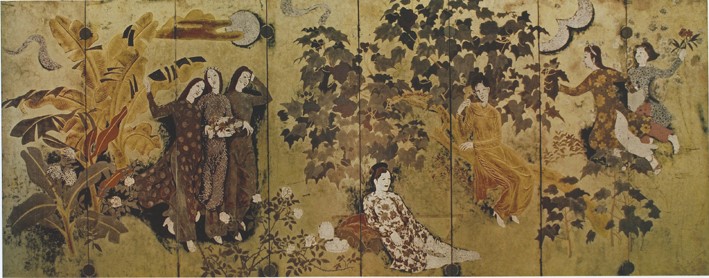 NGUYỄN GIA TRÍ -Thiếu nữ trong vườn, 160 x 400cm - sơn mài 